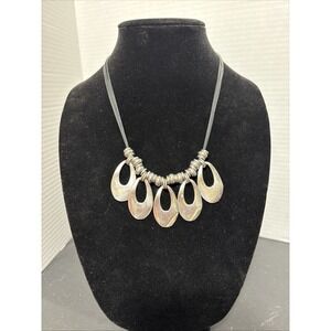 C1946 Chunky Silver Tone Statement Necklace Black Cord Multi Teardrop Pendants
